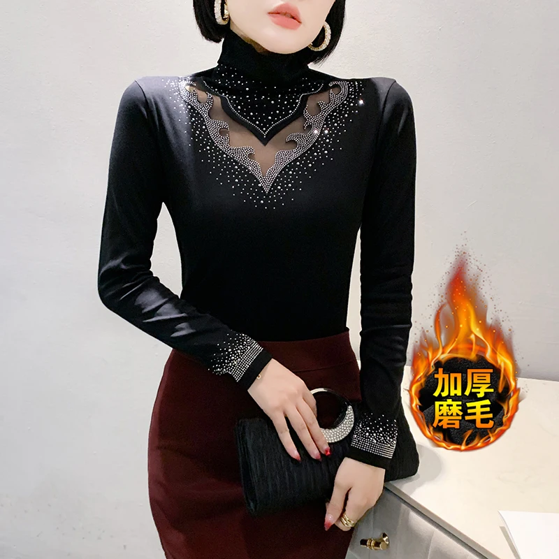 Black,Korean,Style,T-shirt,Chic,Sexy,Turtleneck,Patchwork,Shiny,Diamonds,With Fleece,Women,Tops,Long Sleeve,Tees,2025,New,411104