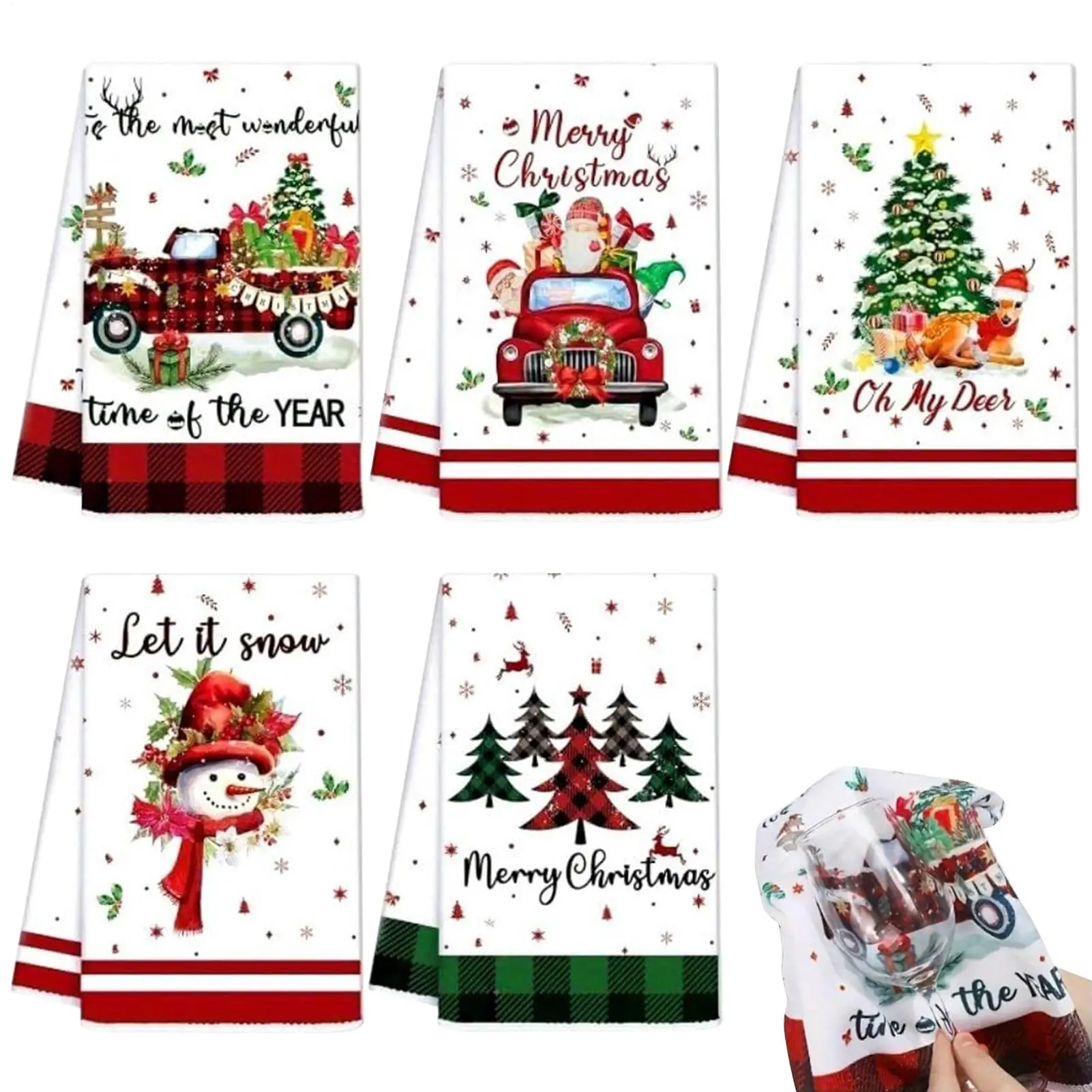5 Pieces Christmas-themed Kitchen Towels Christmas Festive Dishcloth Cartoon Santa Claus Elk Snowman Gnome Christmas Towels
