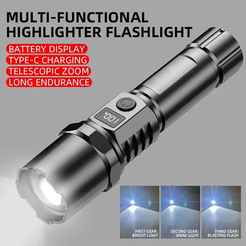 

High Powerful LED Flashlight Ultra Bright USB Rechargeable Zoom Torch Lamp with Power Display Outdoor Camping Fishing Lantern