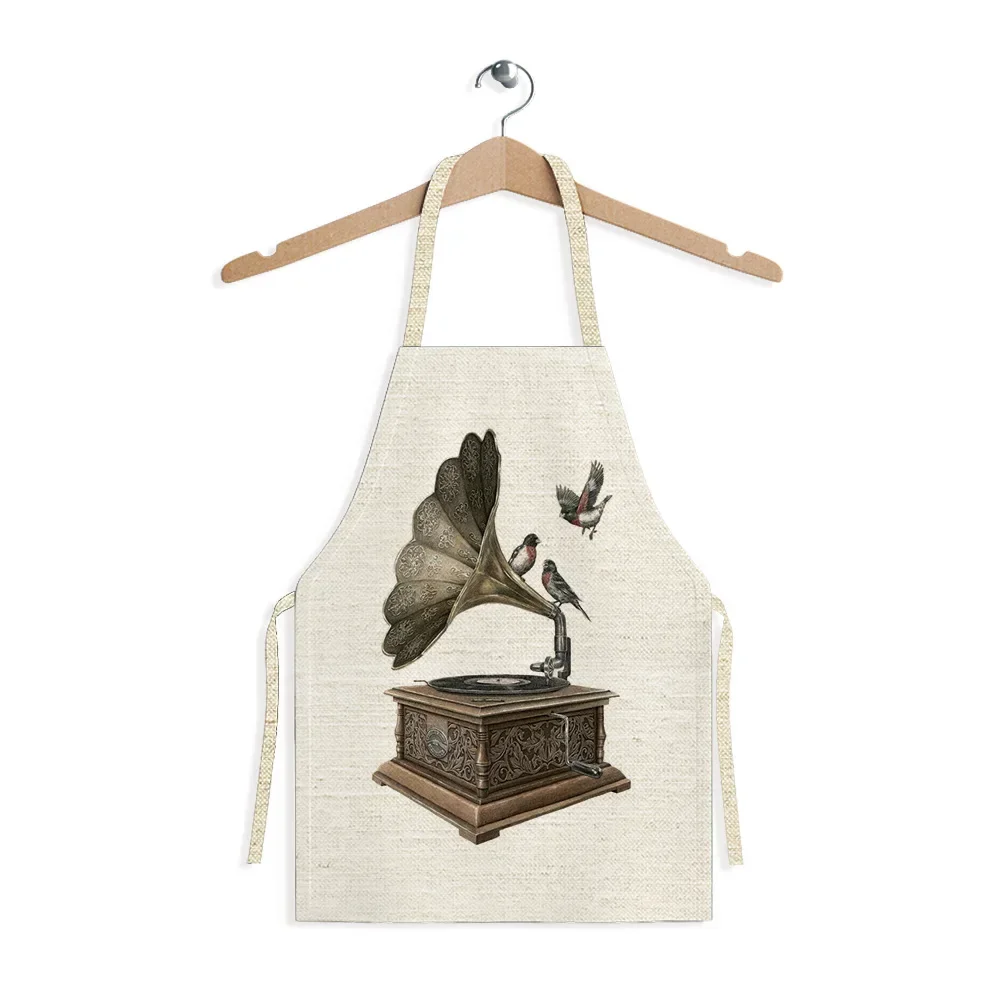 Retro Record Player Note Musical Instrument Printed Linen Apron Restaurant Cafe Cleaning Apron Home Kitchen Anti-fouling Apron