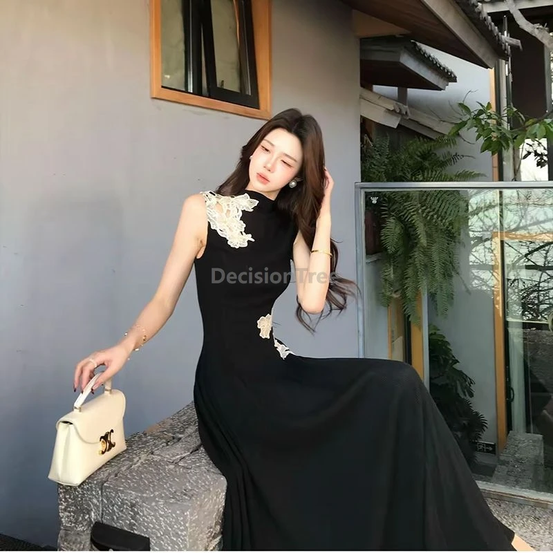 Spring Autumn Fashion Slimming Vibe Hollow Floral Patchwork New Chinese Style Dress Women Sleeveless Daily Robe