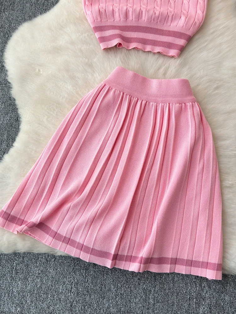 Foamlina Summer Women Fashion Striped Knitted Turn Down Collar Short Sleeve Crop Top and Elastic Waist Mini Pleated Skirt Suits