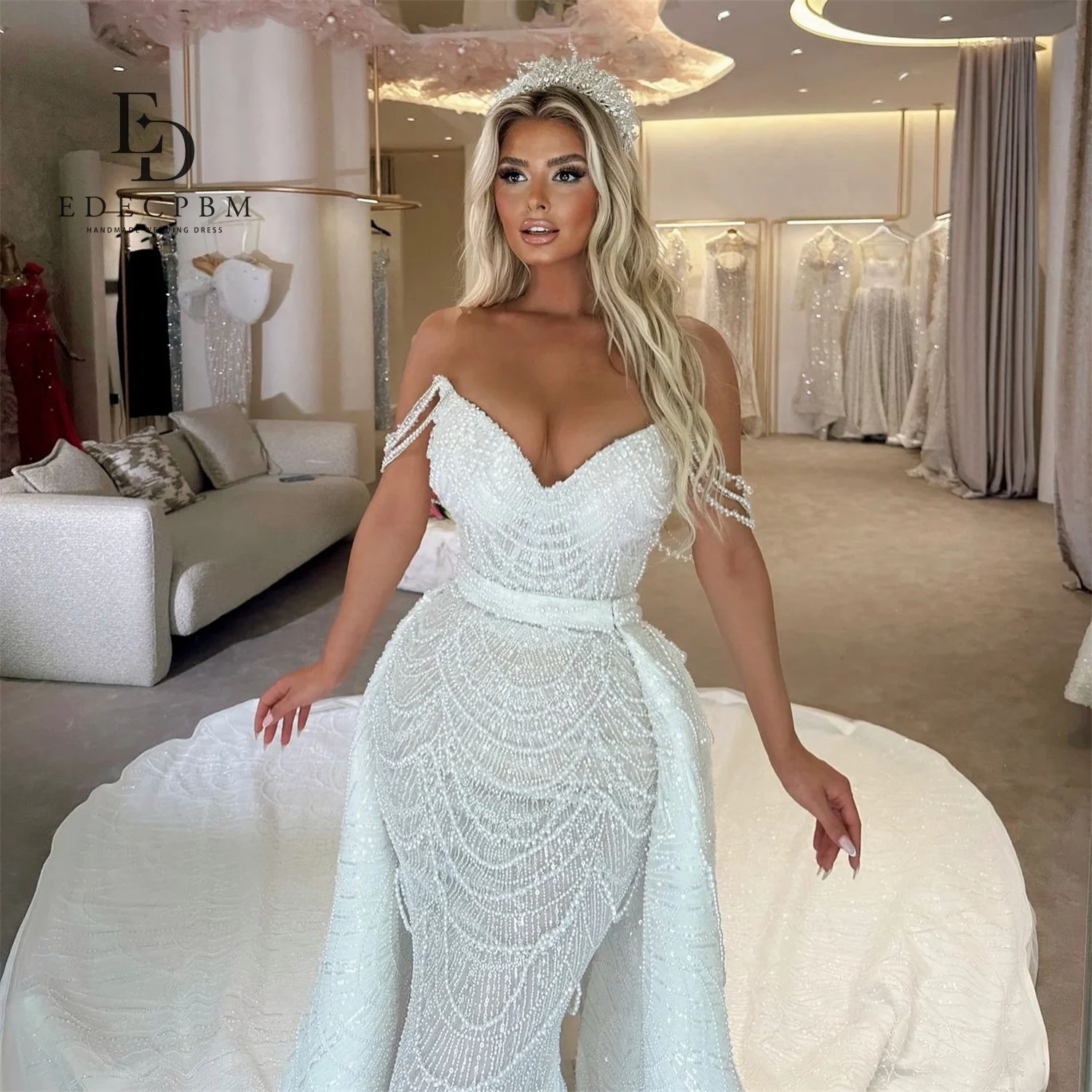 EDECPBM 인어 스타일 우아한 여성 웨딩 파티 드레스 비즈 맞춤형 이브닝 드레스