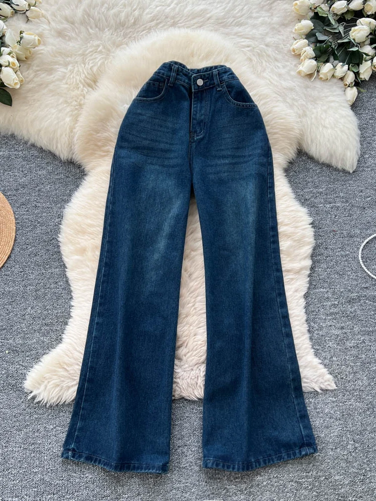 Jeans Retro Americanos de Cintura Alta con Efecto Desgastado para Mujer, Plones Anchos Casus de Pierna Ancha, Moda Oto...