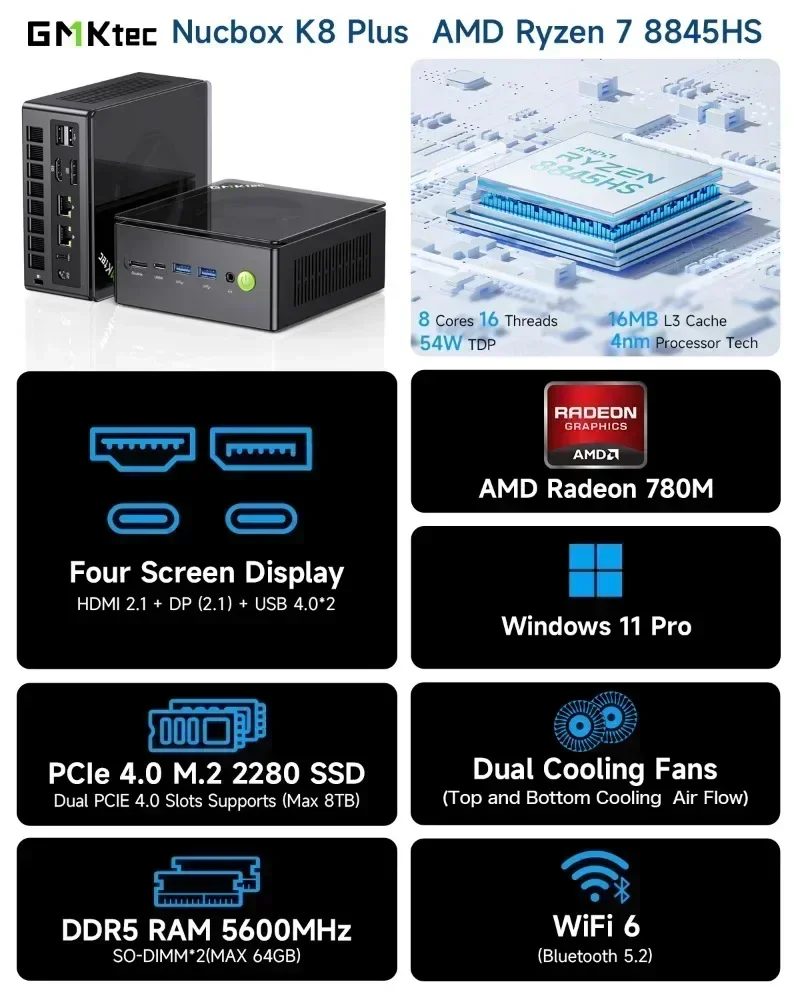 GMKtec NucBox K8 Plus AI MINI PC R7 8845HS Windows 11 Pro DDR5 5600Mhz PCIe4.0 M.2 Nvme SSD WIFI 6E BT 5.2 4K@60HZ 2*2.5G LAN