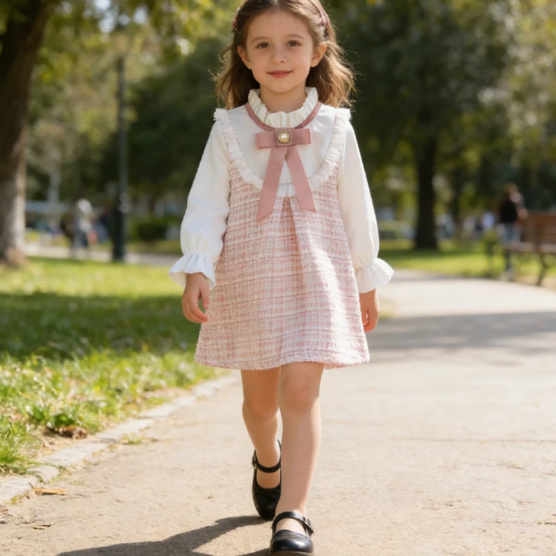 2026 Spring Baby Girl Dresses Causal Bow Long Sleeve Girls Princess Dresses Cute 1st Birthday Party Korean Style Toddler Clothes
