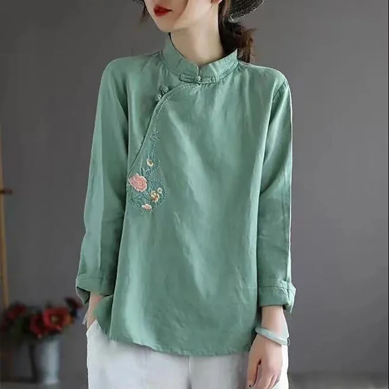 Hanqipao الصينية للنساء ، الملابس التقليدية ، قميص ريترو طويل الأكمام ، الكتان القطني ، قمة السيدات ، شيونغسام الإناث العرقية ،