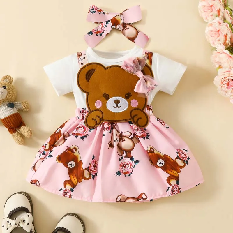 

Newborn Baby Clothes Girl Skirts 3-24 Months Cute Cartoon Bear Short Sleeve Dress Printed Casual Dresses Hairband Infant Outfits