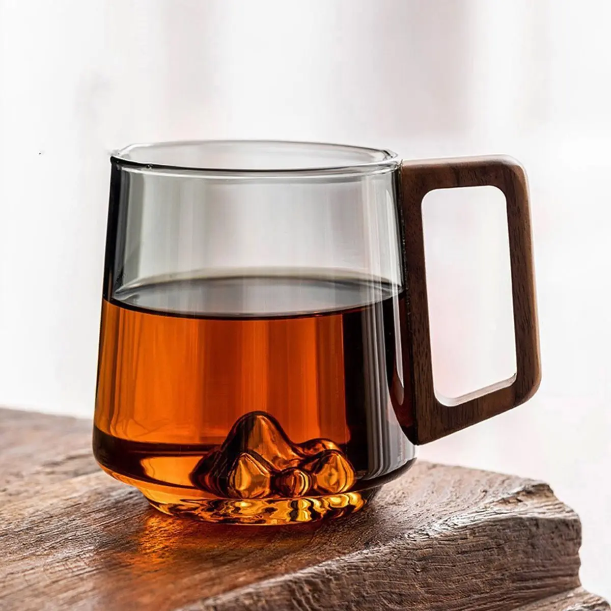 Glass Single-Layer Side Wooden Handle Drinking Cups Household Large-Capacity Milk Tea Juice Single-Layer Cup