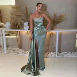 Generous Simple Greet Mermaid Women Beaded Evening Dresses Strapless Sleeveless Satin High Split Ruched  Prom Gowns Formal Party