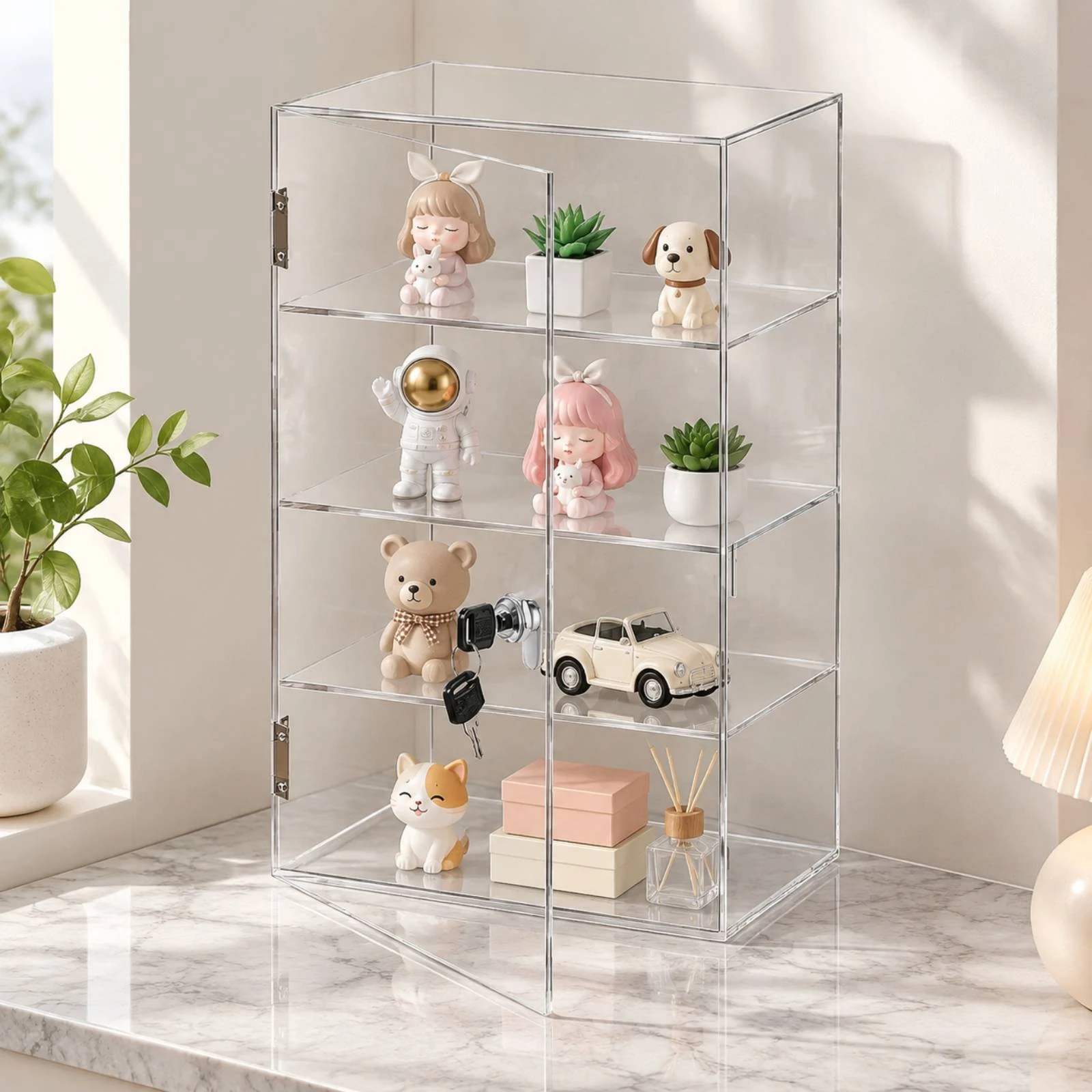 Acrylic Display Case Transparent Acrylic Display Cabinet Clear Tabletop Storage Cabinet with Door Long-Lasting No Assembly