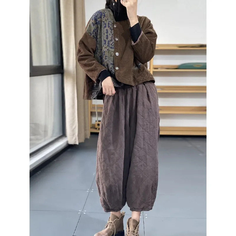 ريترو طباعة اللون بلو سروال قصير ort القطن Jaet المرأة الخريف الشتاء حجم كبير ثي الدافئة غير النظامية ملابس خارجية العصرية #2