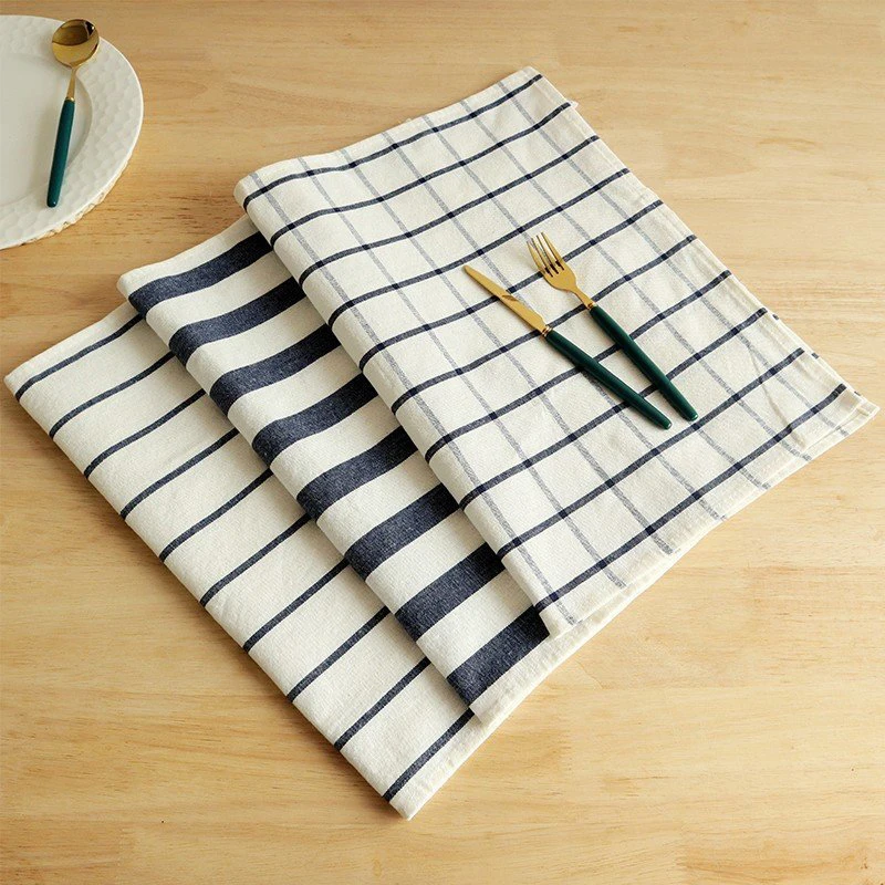 Placemat, Cotton Stylish Western Style Atmosphere Enhancement Blue Gingham Stripe Pattern Fully Washed