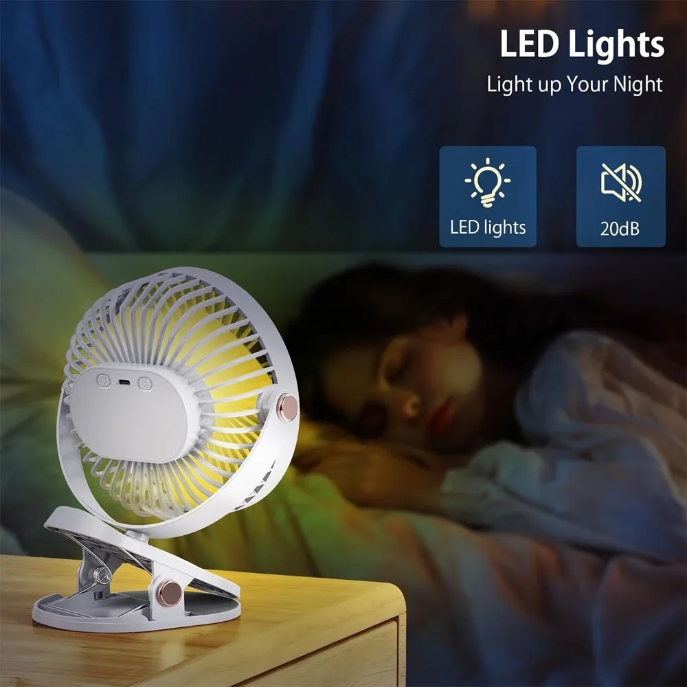 Portable Clip On Fan, 5 Speeds 360° Rotatable Mini Desk Fan with Night Light, USB Rechargeable Personal Fan for Home Office view 5