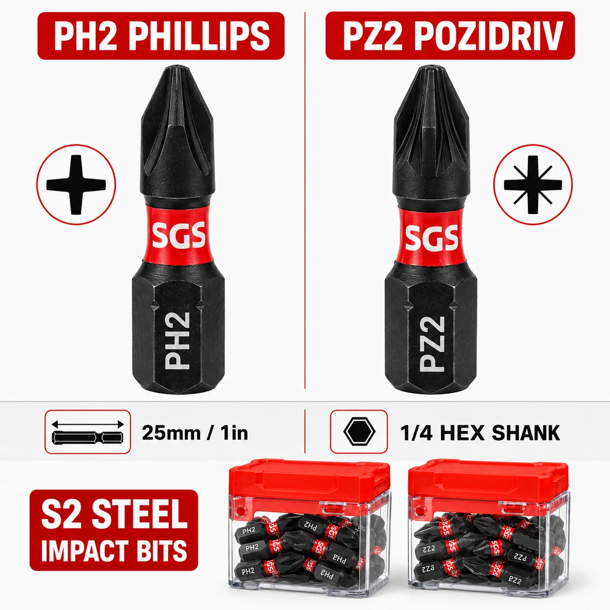 20/40PCS 25mm PH2 PZ2 Impact Screwdriver Bit Set S2 Steel Magnetic Phillips Pozidriv Bits 1/4 Hex Shank for Impact Driver Power Drill with Storage Box