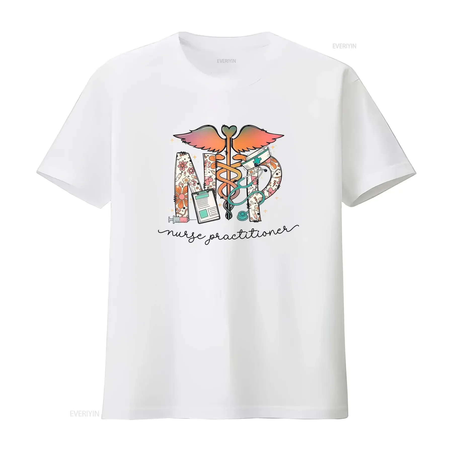 Groovy Cartoon Nurse Practitioner NP Medical Caduceus Stethoscope Floral Print Casual T Shirt vintage Washed graphic