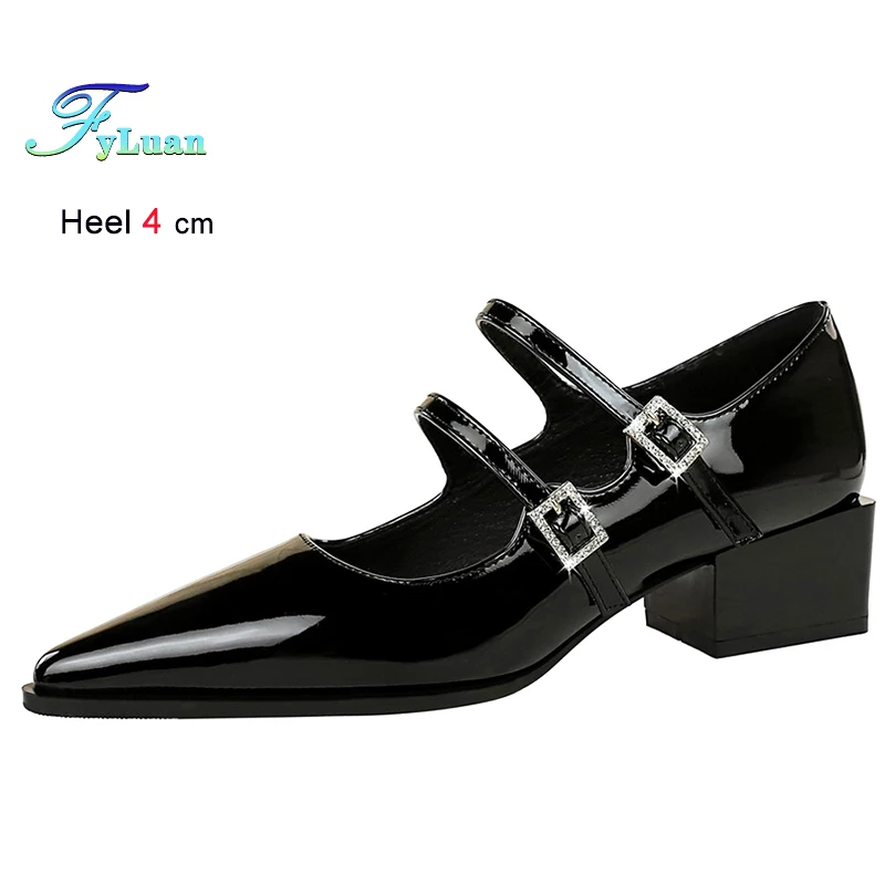 

Black Medium Heels 4cm Women Shoes Chunky Heels Pointed Shallow Mouth Ladies Pumps Rhinestone Buckle Ballet Footwear Party Shoes