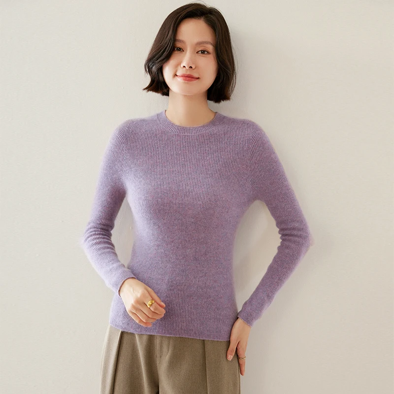 Ladies 100% Pure Wool Sweater Crewneck Slim Knit Jumper Casual Warm All-match Blouse New Cashmere Base Shirt Elastic Pullover