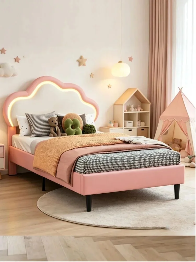 Superaly 90x200cm Kinderbett mit niedlichem wolkenförmigem Kopfteil, Einzelbettgestell für Kinder mit Lattenrostunterstützung, PU-Leder Mädchenbetten, höhenverstellbares Kopfteil, einfache Montage