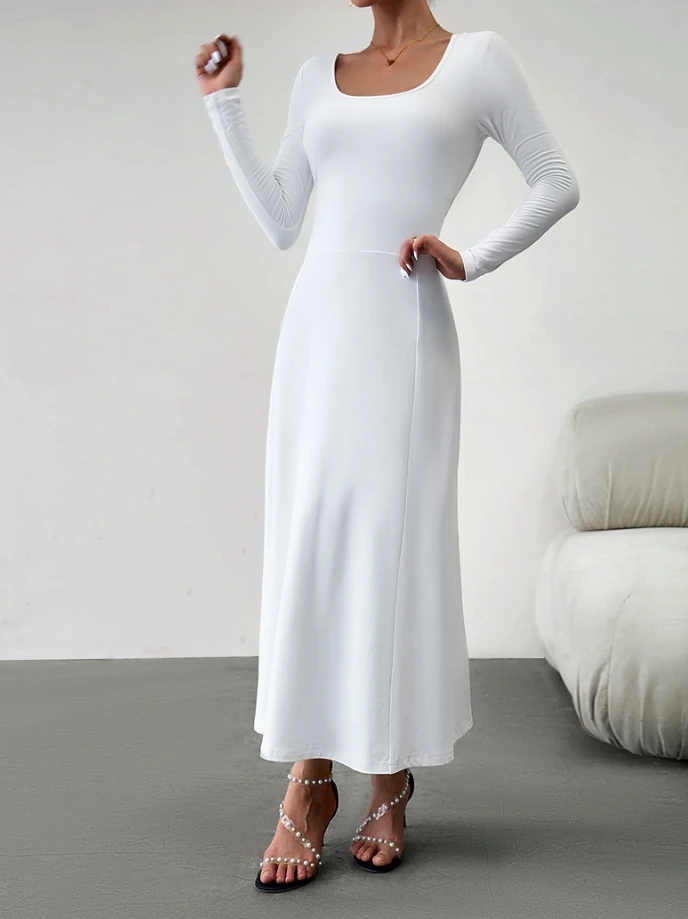 Vestido de manga comprida feminino, vestido de cintura cinched, tecido de seda fresco, gola em forma de U, estilo elegante, cor sólida, primavera e outono