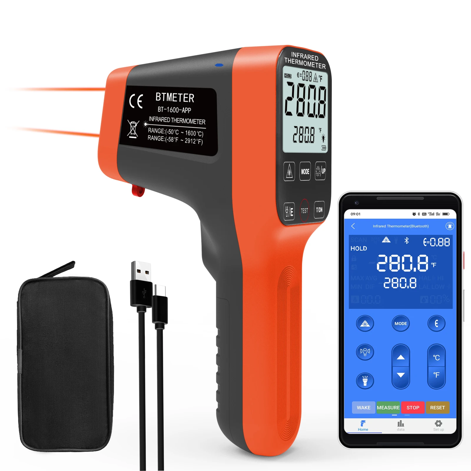 

BTMETER Non-contact Infrared Thermometer,-50 to 1600℃ 30:1 Pyrometer Industrial Laser Gun,Smart Temperature Meter,with Phone App