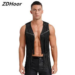 Mens Faux Suede Tassel Vest Western Cowboy Vest Fashion Rivets Fringe Waistcoat Open Front Sleeveless Jacket