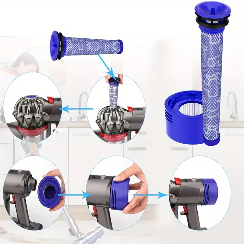 Replacement Filter Kit for Dyson V7/V8 Cordless Vacuum Cleaners: 3 Post-Motor Filters, 3 Pre-Motor Filters, and 1 Tool