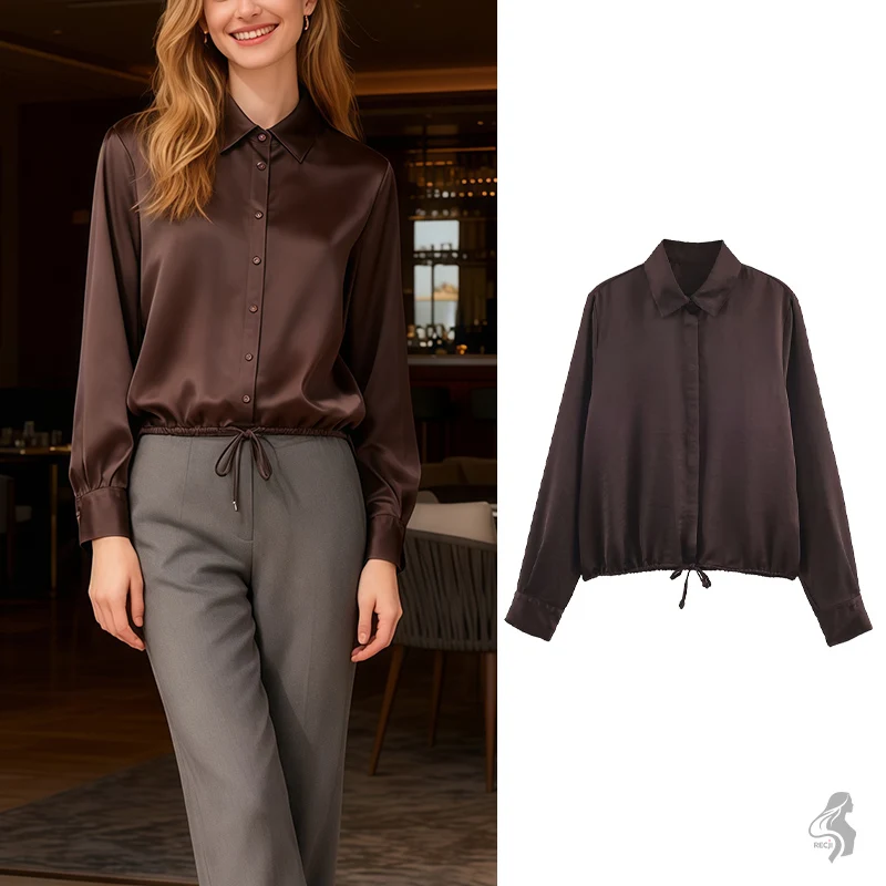 Damska koszula z kołnierzykiem, długim rękawem, zapinana na guziki, satynowa, ze sznurkiem, elegancka koszula, wszechstronna elegancja, do noszenia na co dzień.