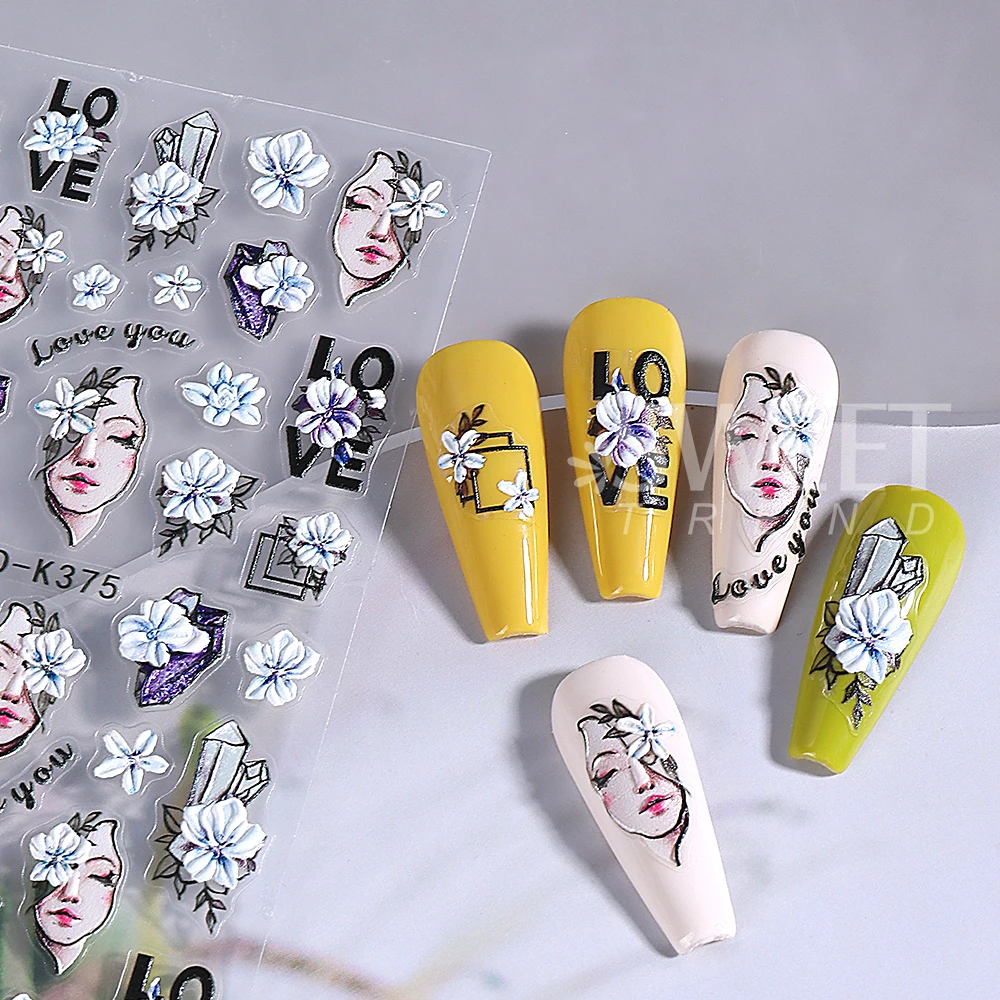 Adesivi per nail art con fiori geometrici viola Decalcomanie per unghie invernali autoadesive in rilievo 5D per decorazioni per manicure di San Valentino