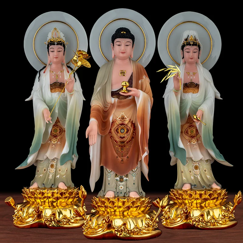 A set 3PCS HOME Shrine protection Buddhism XI FANG SANSHENG jade Guan yin Amitabha Mahasthamaprapta Buddha God statue 53CM Large