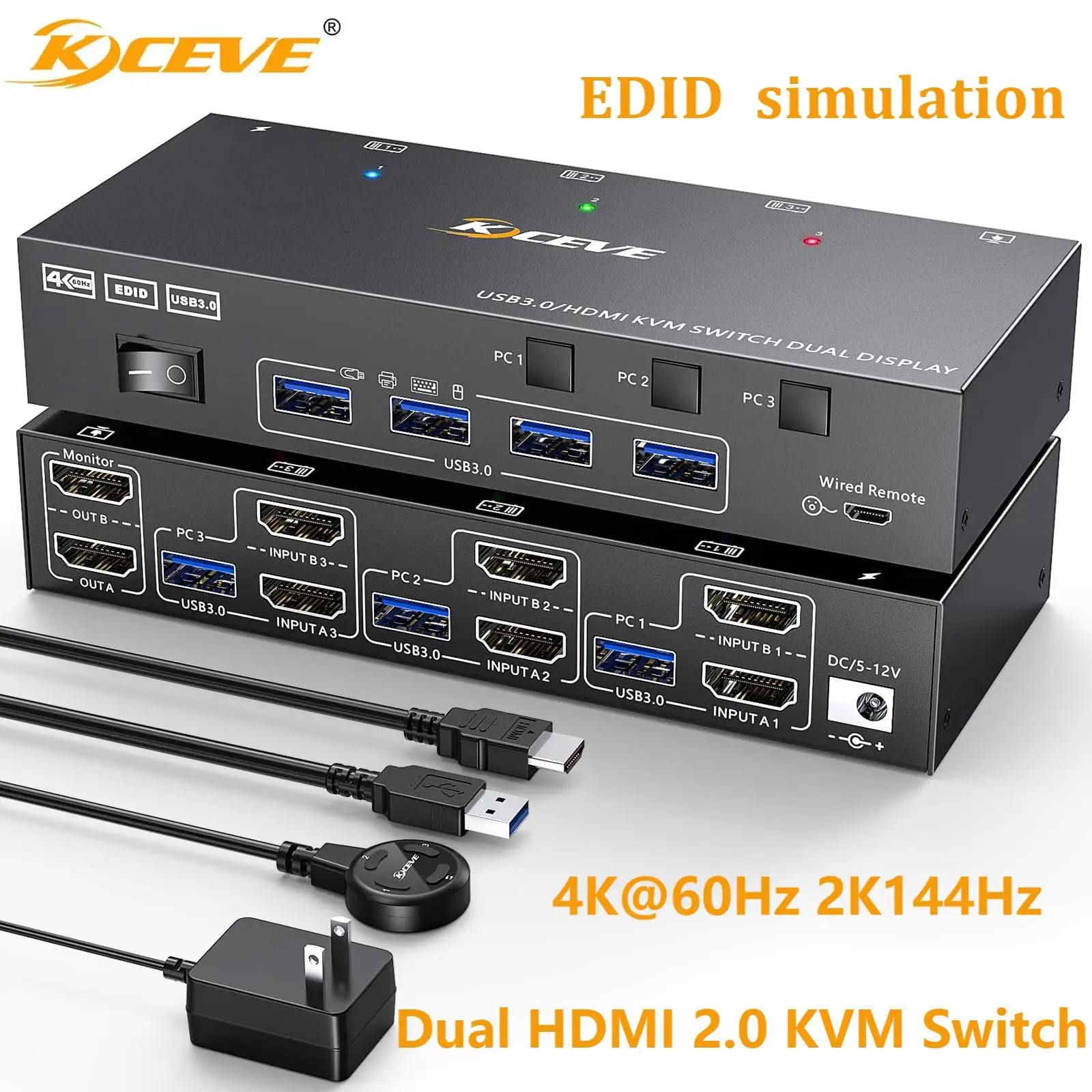 

KVM-переключатель 2K при 144 Гц, 2 монитора, 2 компьютера, 4K при 60 Гц, HDMI 2.0, двойной монитор USB 3.0 с 4 портами USB 3.0 для клавиатуры, мыши, принтера