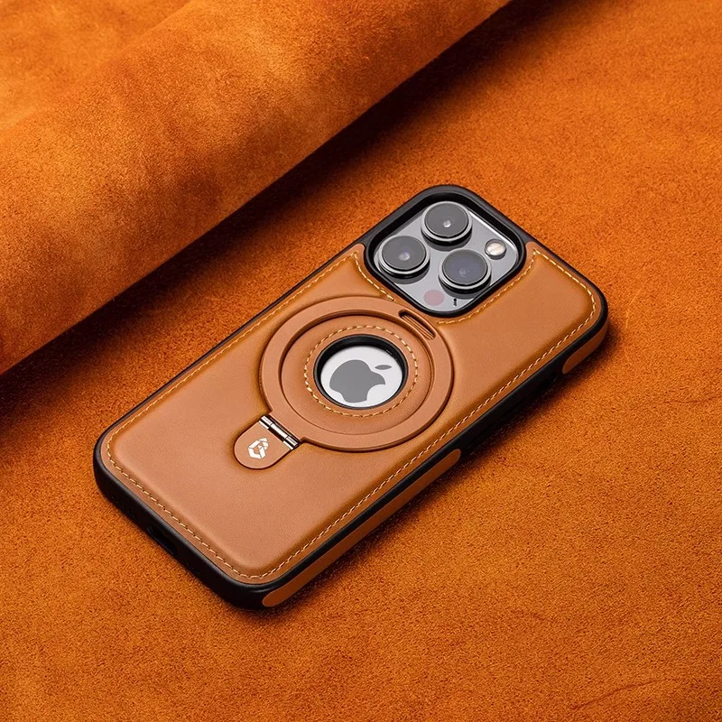 Magnetic Leather Stand Ring Case For iPhone 16 12 13 14 Plus 15 Pro Max Shockproof Hollow Logo Cover For Magsafe Wireless Charge