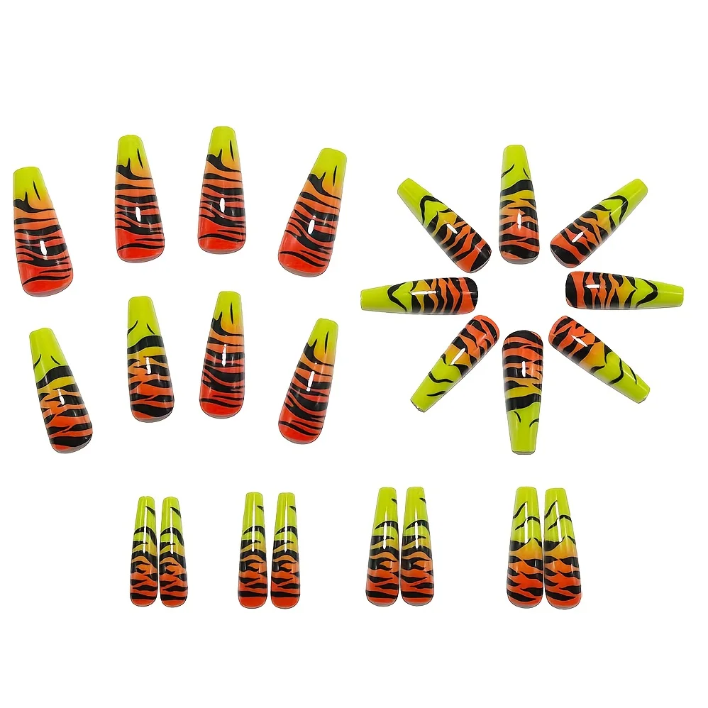 

Long Tapered Square Press On Nails with Black Tiger Stripes, Neon Orange to Yellow Gradient, Reusable Edgy False Nails for Women