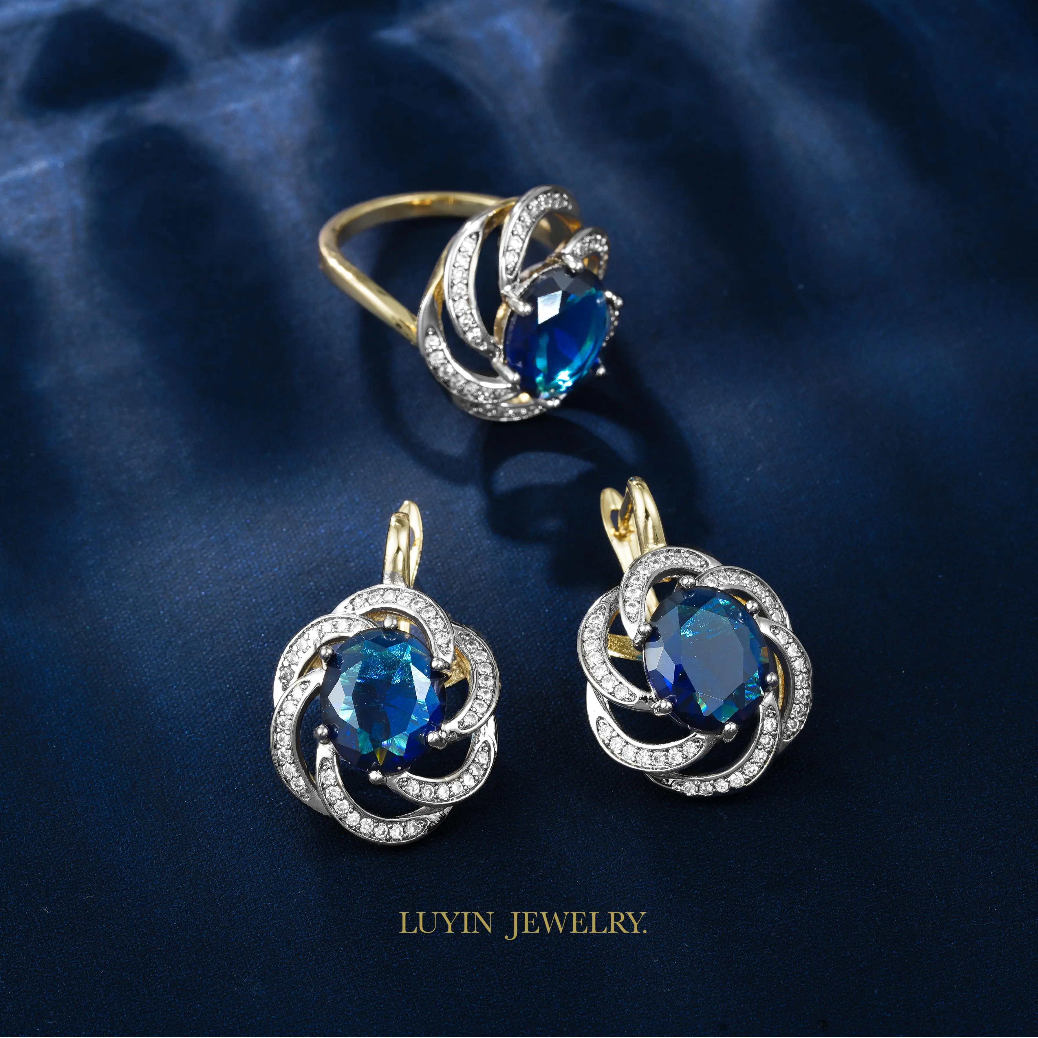 

LUYIN 2025 Trending Jewelry Set Blue Stone Earrings Ring For Women Copper Plated 14 K Gold 2 Color Daily Party Fine Accessories