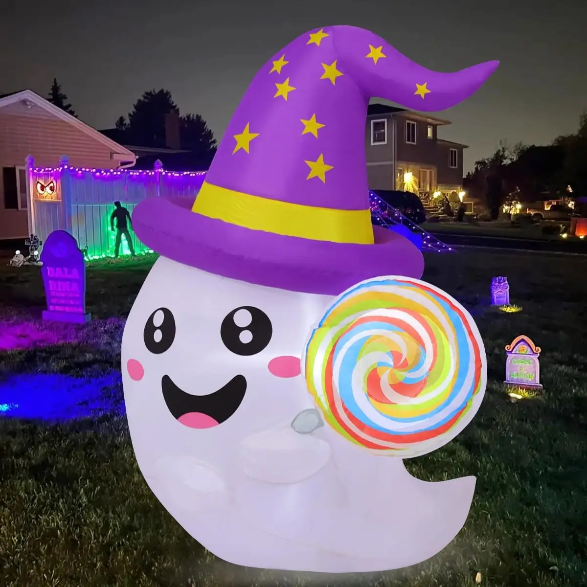 4.8 FT Halloween Decorations Cute Witch Hat Ghost Built-In LEDs Ghost Candy Blow Yard Decor