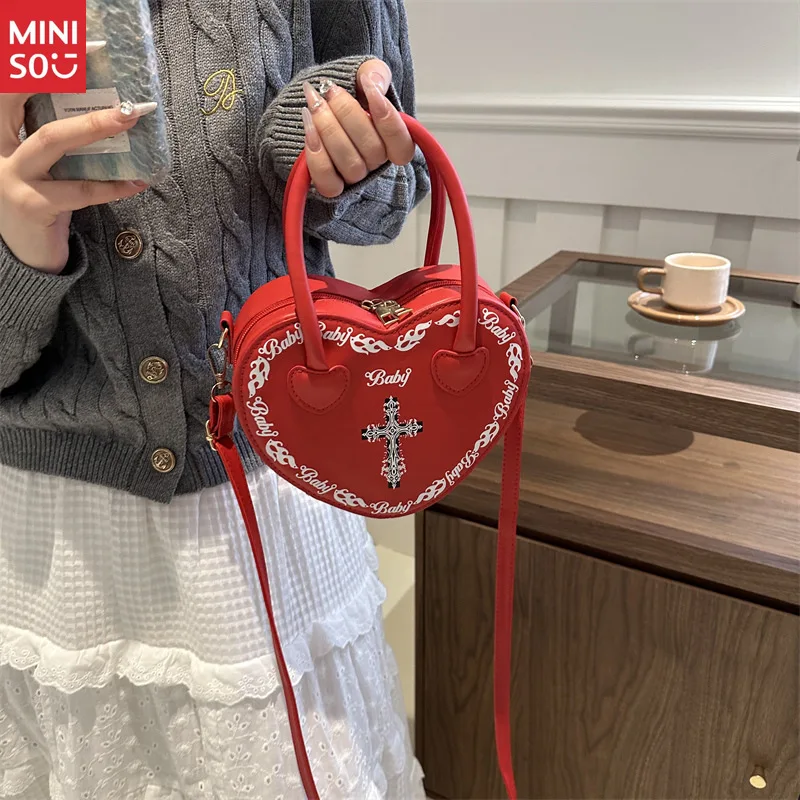 Miniso 2025 Punk Heart Box Bag, Gothic Cross Shoulder Purse, Studded Dark Female Handbag