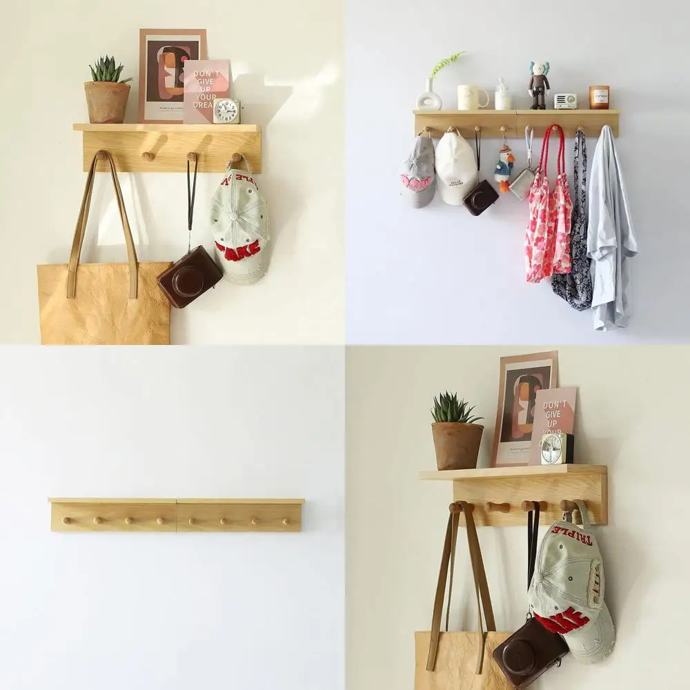 

Настенная вешалка для одежды из дуба с 4 крючками и полкой, набор из 2 шт.