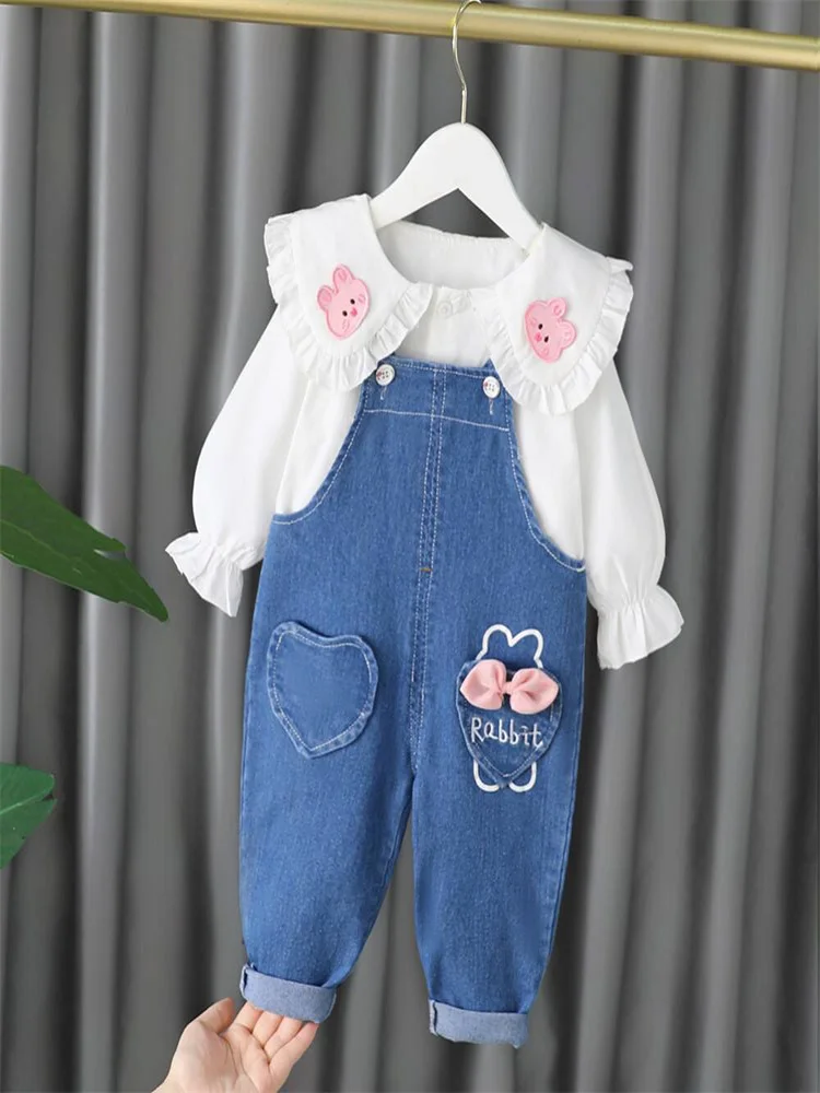 Cute Spring Autumn Children Cotton Clothes Baby Girls Suit fot cute top+ denim Pants 2Pcs/sets Out Kid Fashion Clothing sets