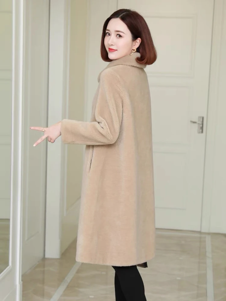 النساء الشتاء الجمل 100% الأغنام الفراء سترة طويلة معطف فرو المنك الحقيقي طوق طويل الصوفية شتاء دافئ ملابس خارجية