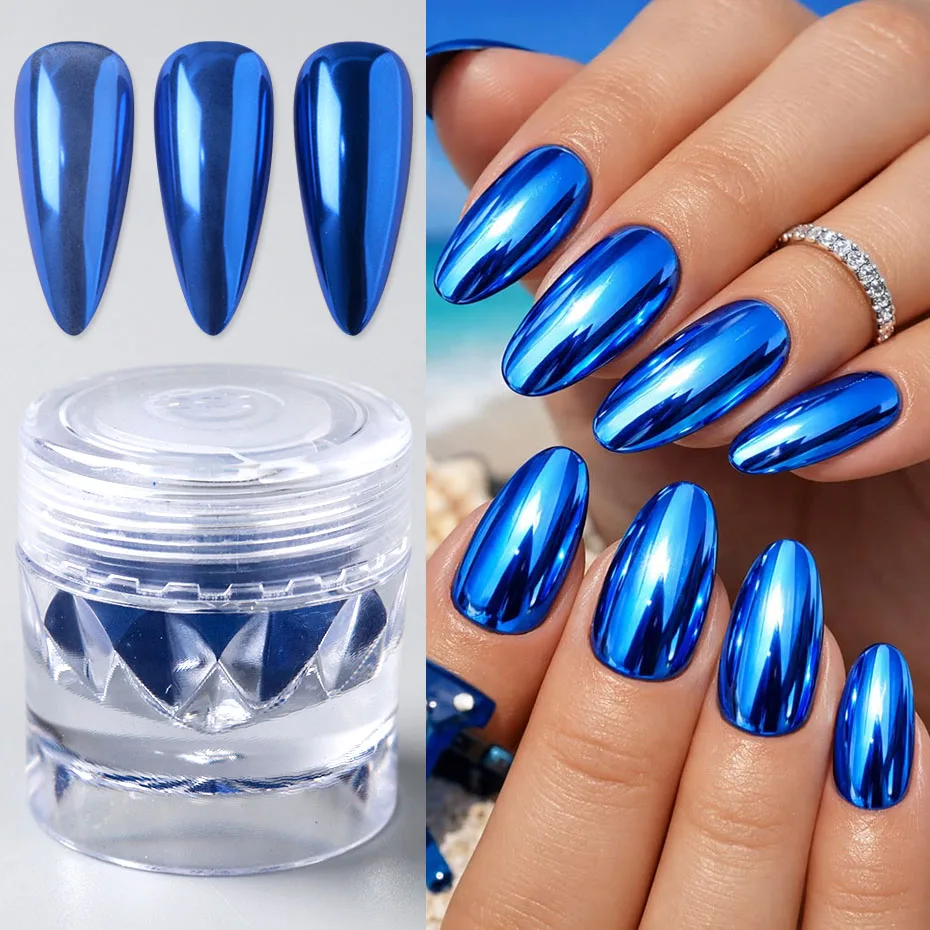 1 Box Summer Blue Mirror Nail Powder Y2K Metallic Chrome Nail Glitter Dust Shiny Pigment Flakes Rubbing On Nails Decorations