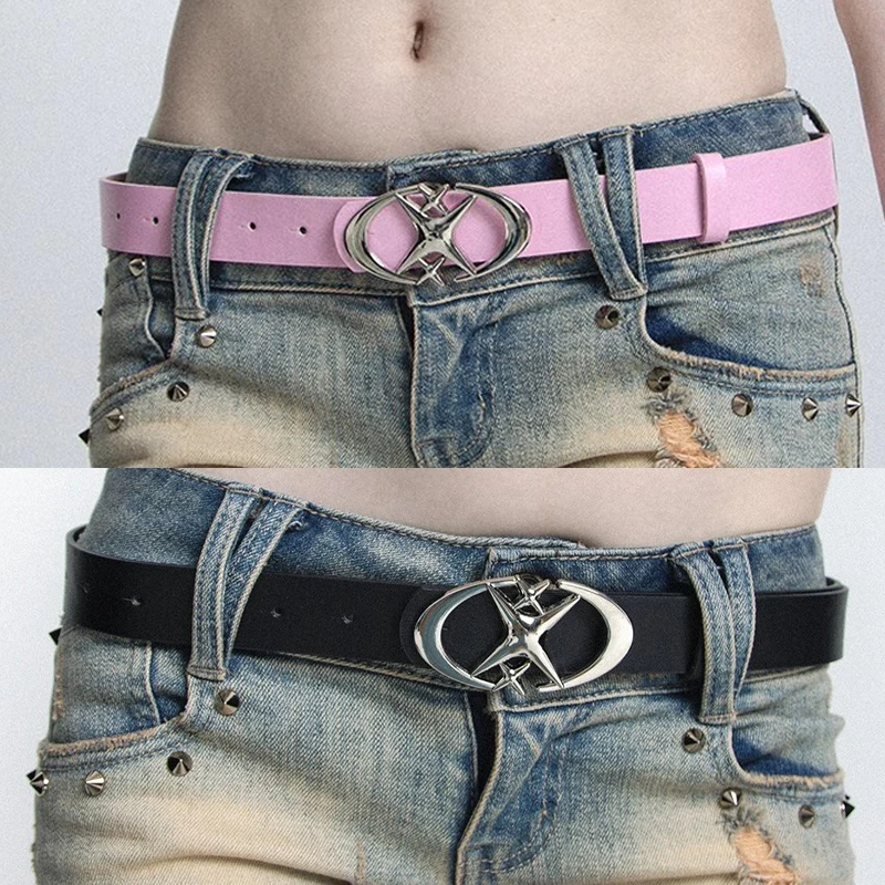 Fashion Spicy Girl Pink PU Leather Belt Metal Punk Cross Buckle Moon Star Buckle Belt Waistband Women Y2K Versatile Decoration