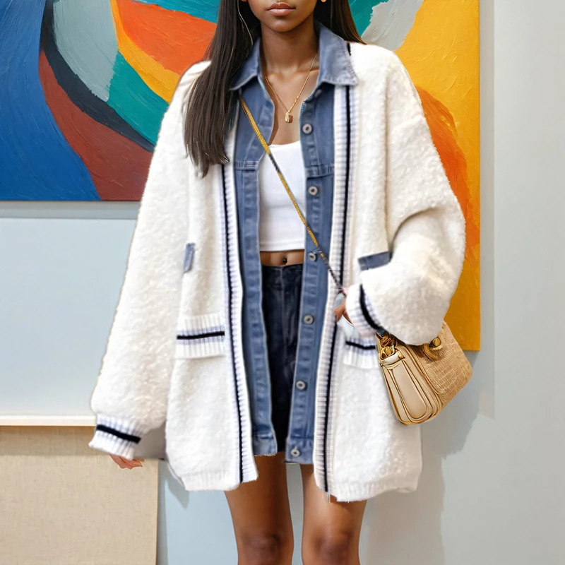 

2024 Winter New Items Fashion Loose Denim Patchwork Sweater For Women Contrast Color Knitted Cardigan Female Trendy
