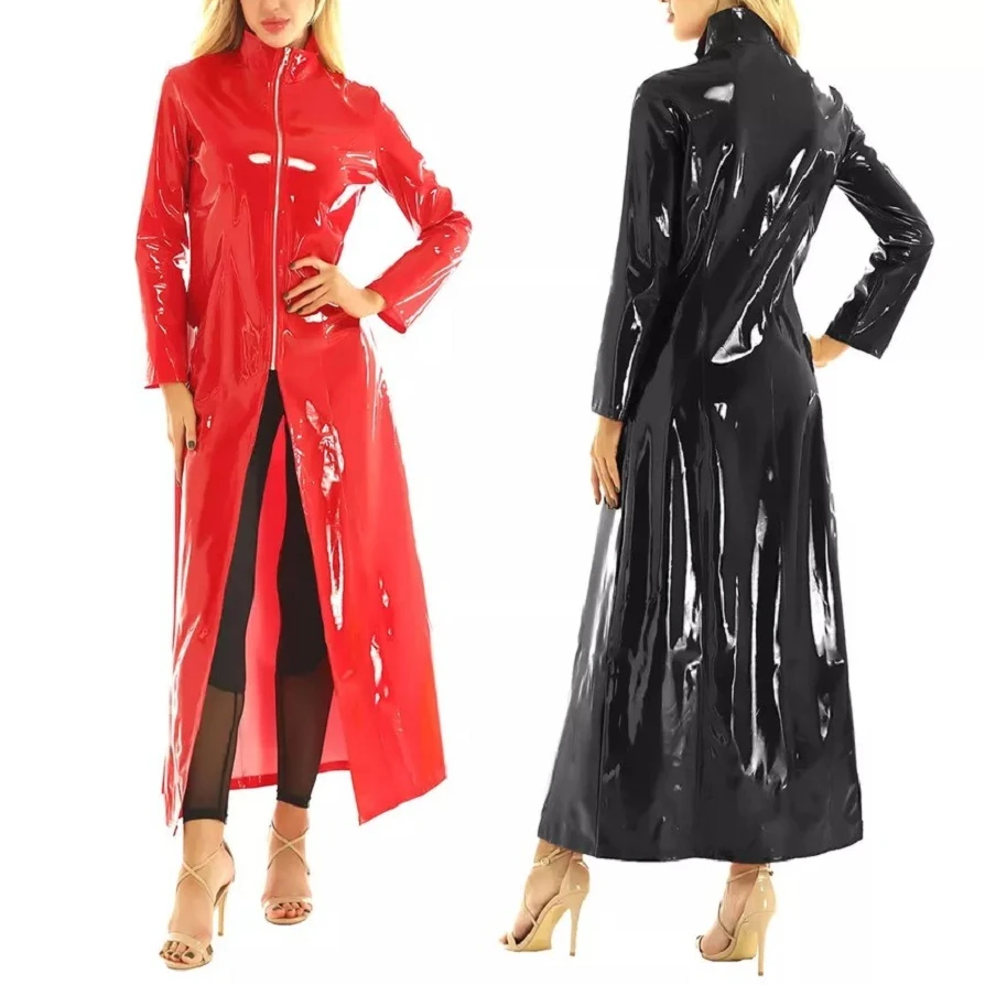 

Women Men PVC Leather Long Trench Coat Latex Wet Look Gothic Long Sleeve Jacket Sexy Zipper Cosplay Party Costume Dance Clubwear