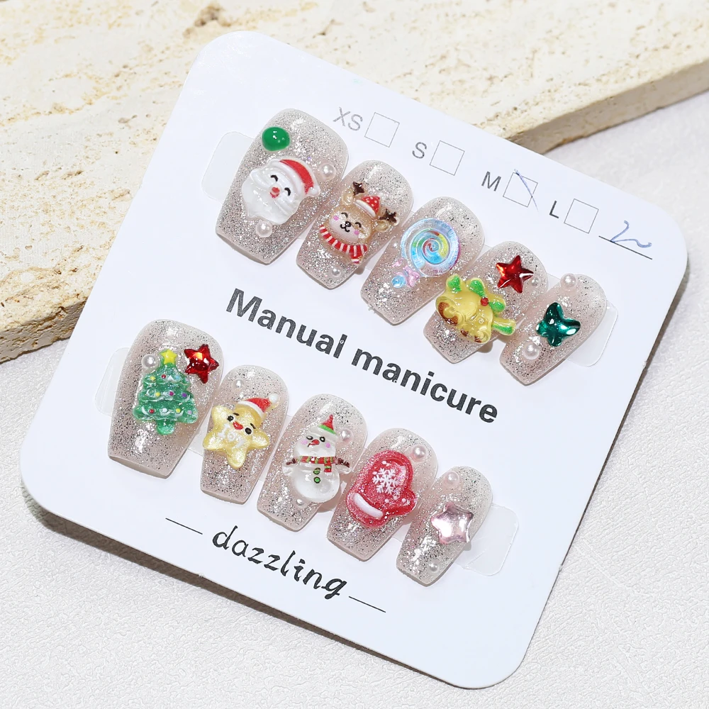 

10pcs/bag Christmas Santa Claus Snowman Reindeer Snowflake Handmade Press On Nails Short Coffin Detachable False Nails