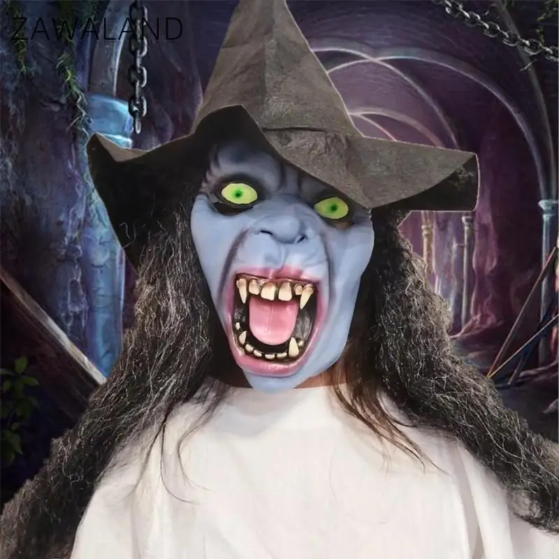 Zawaland Halloween Blue Face Witch Mask with Fangs Wig Easter Cosplay Terrifying Props Scary Costume Accessories Party Wear