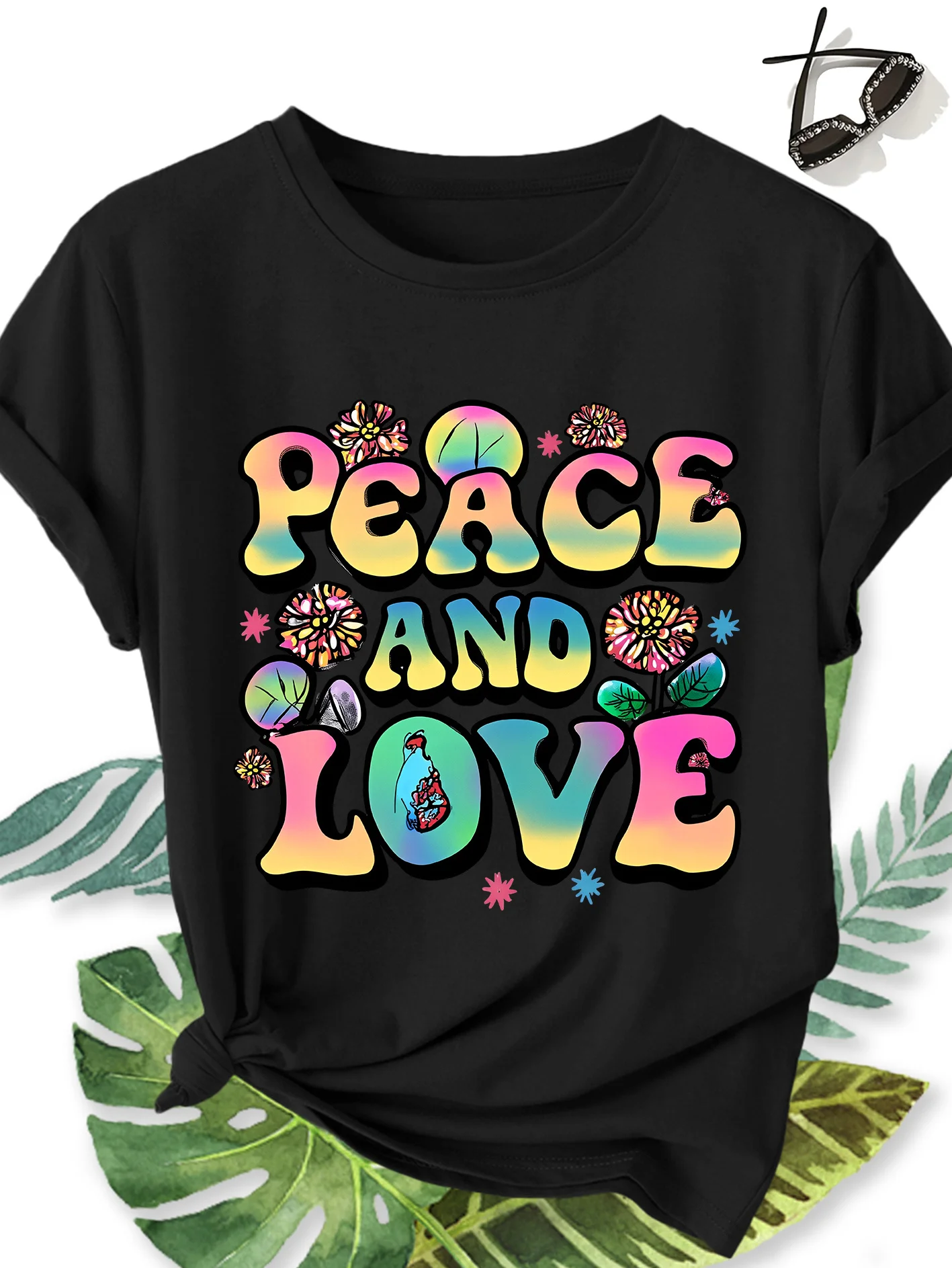 Peace and Love Hippie Printed Pattern Round Neck Women's Comfortable, Soft, Breathable New Spring/Summer Short Sleeve Gift