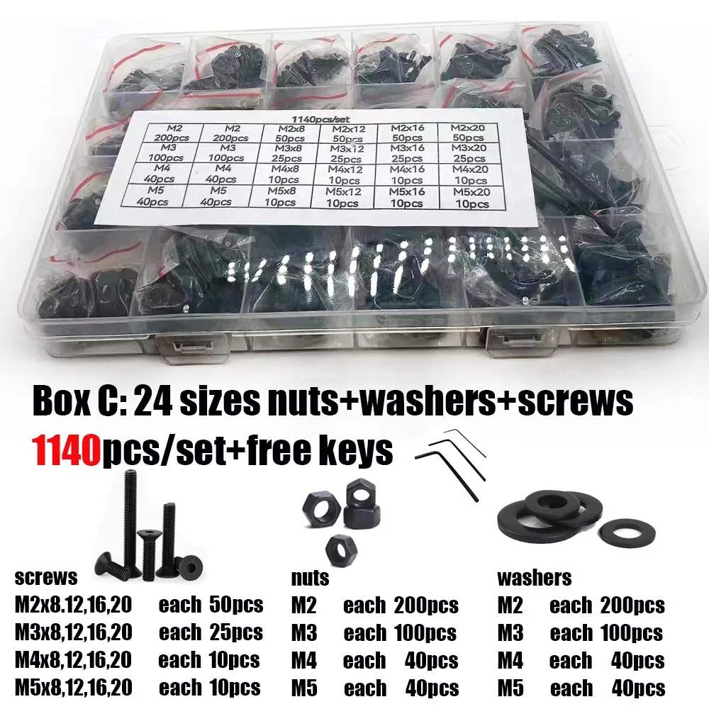 400/2100Pcs M1.6 M2 M2.5 M3 M4 M5 Black 10.9 Steel Hex Socket Countersunk Head Screw Set Bolts and Nuts Washers Assortment Kit