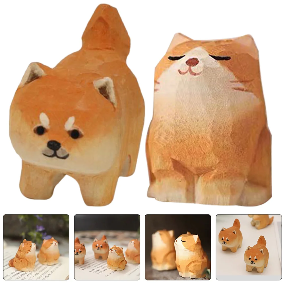 

2Pcs Wooden Cat Dog Sculpture Hand-Carved Realistic Animal Decor Small Carving Home Office Decoration Wood Ornament