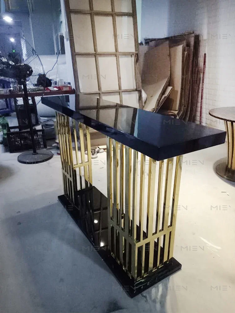 

New Chinese entrance table, metal stainless steel electroplated entrance table, wooden combined design sofa back