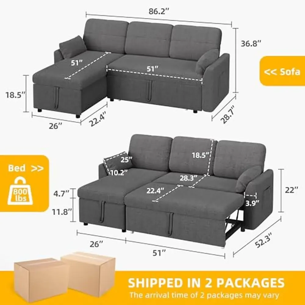 Convertible L-Shape Sectional Sofa Bed with Storage Chaise Teddy Fleece High Rebound Seat Cushion 86